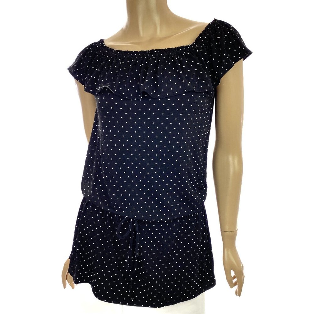 White House/Black Market Blouse Size S Black w/White Dots Cap Sleeve